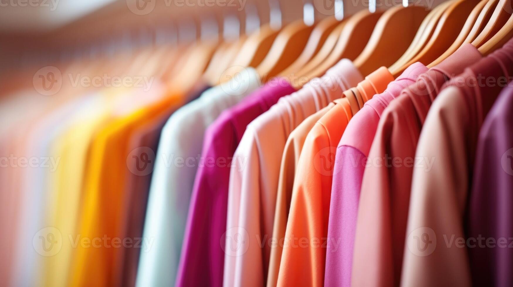 Closeup of colorcoordinated hangers holding different types of jackets. photo
