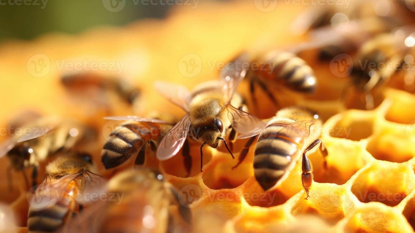 Closeup of a beehive, buzzing with activity as the bees pollinate crops. photo