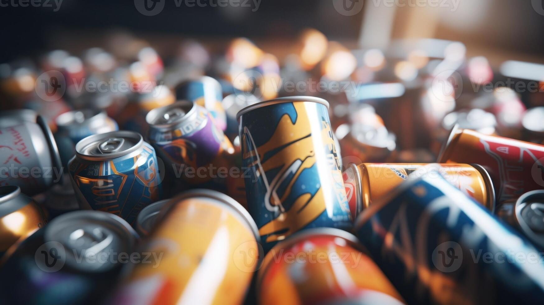 Closeup of a pile of empty coffee cups and energy drink cans, symbolizing the struggle to stay awake and alert during virtual lectures. photo