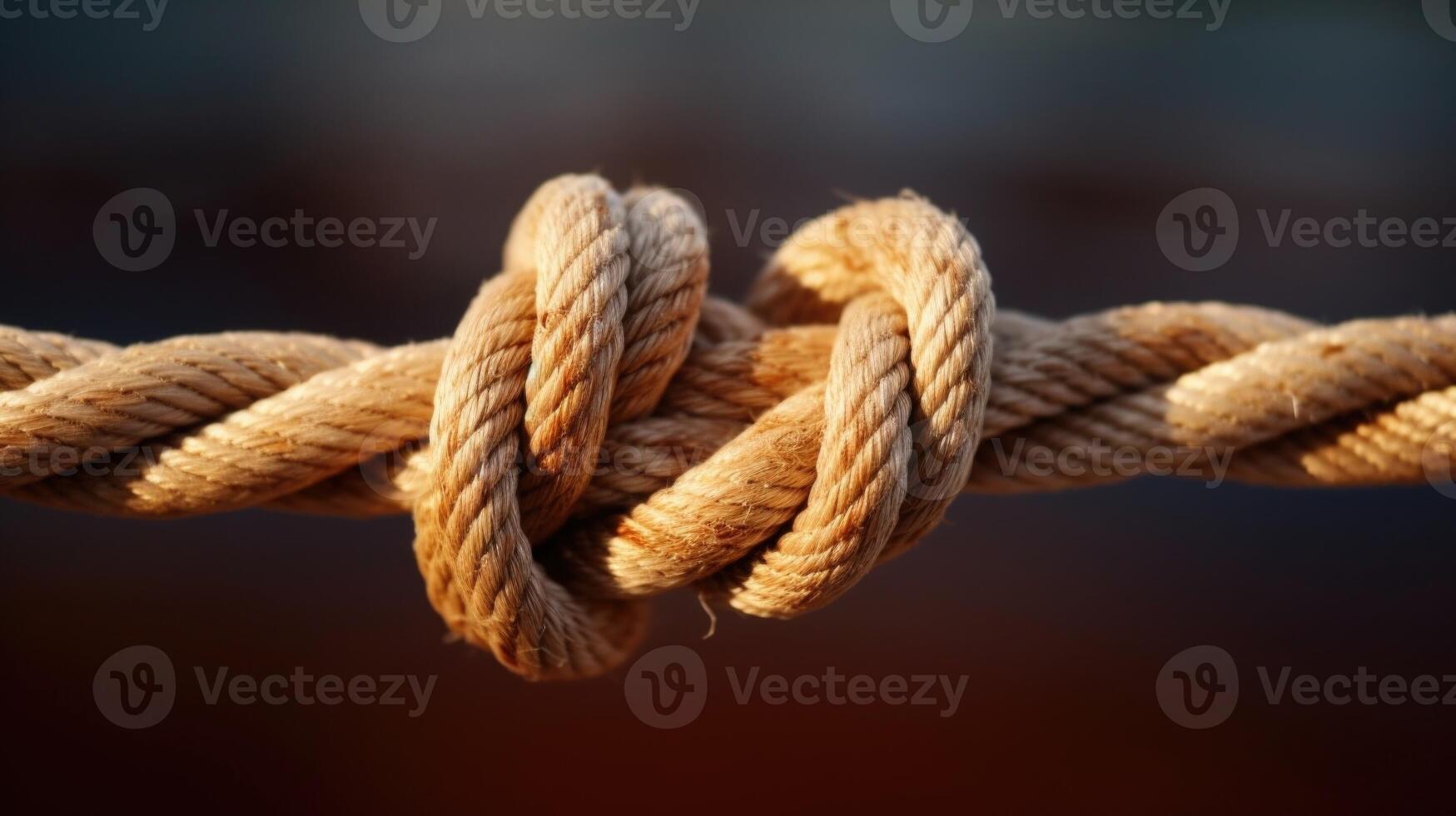 Closeup of two ropes tied together in a knot, symbolizing the coming together of opposing sides for peaceful negotiations. photo