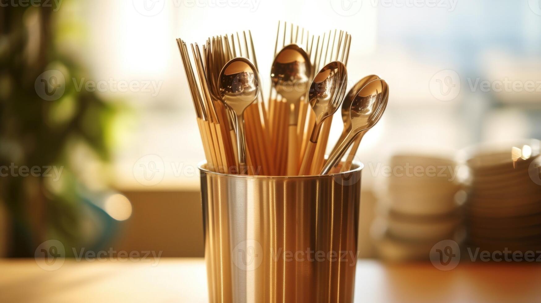 Closeup of a metal straw and bamboo utensils displayed in a zerowaste utensil holder. photo