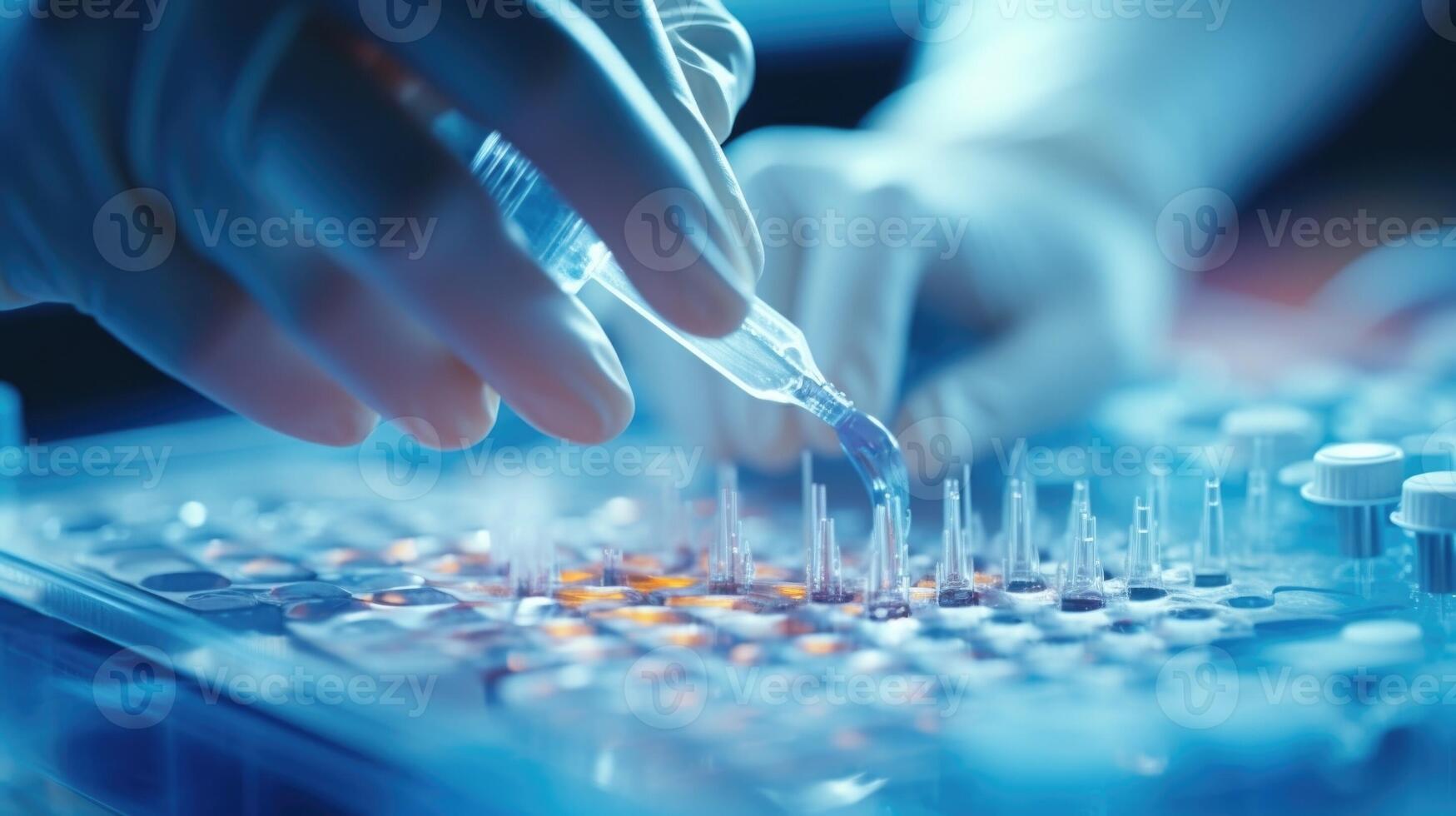 Closeup of a person carefully pipetting a DNA sample into a well plate for genetic testing analysis. photo