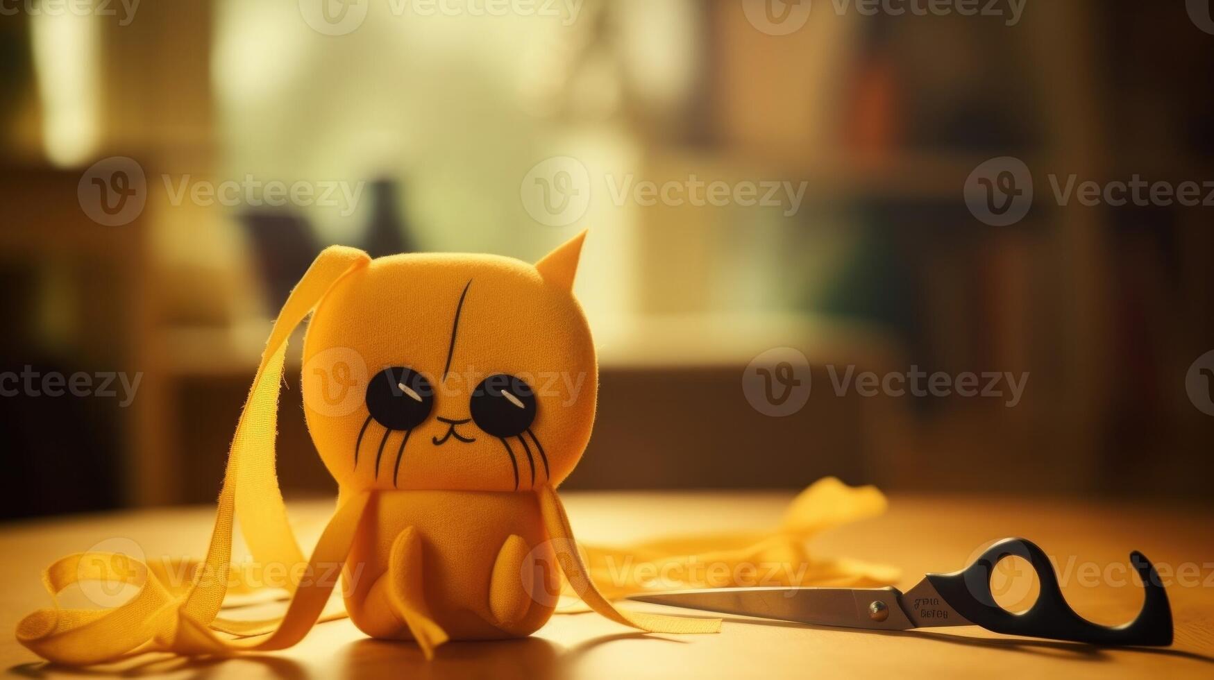 Extreme closeup of a pair of scissors, snipping away at a piece of felt to create a DIY plushie resembling a wellknown character from a beloved show. photo