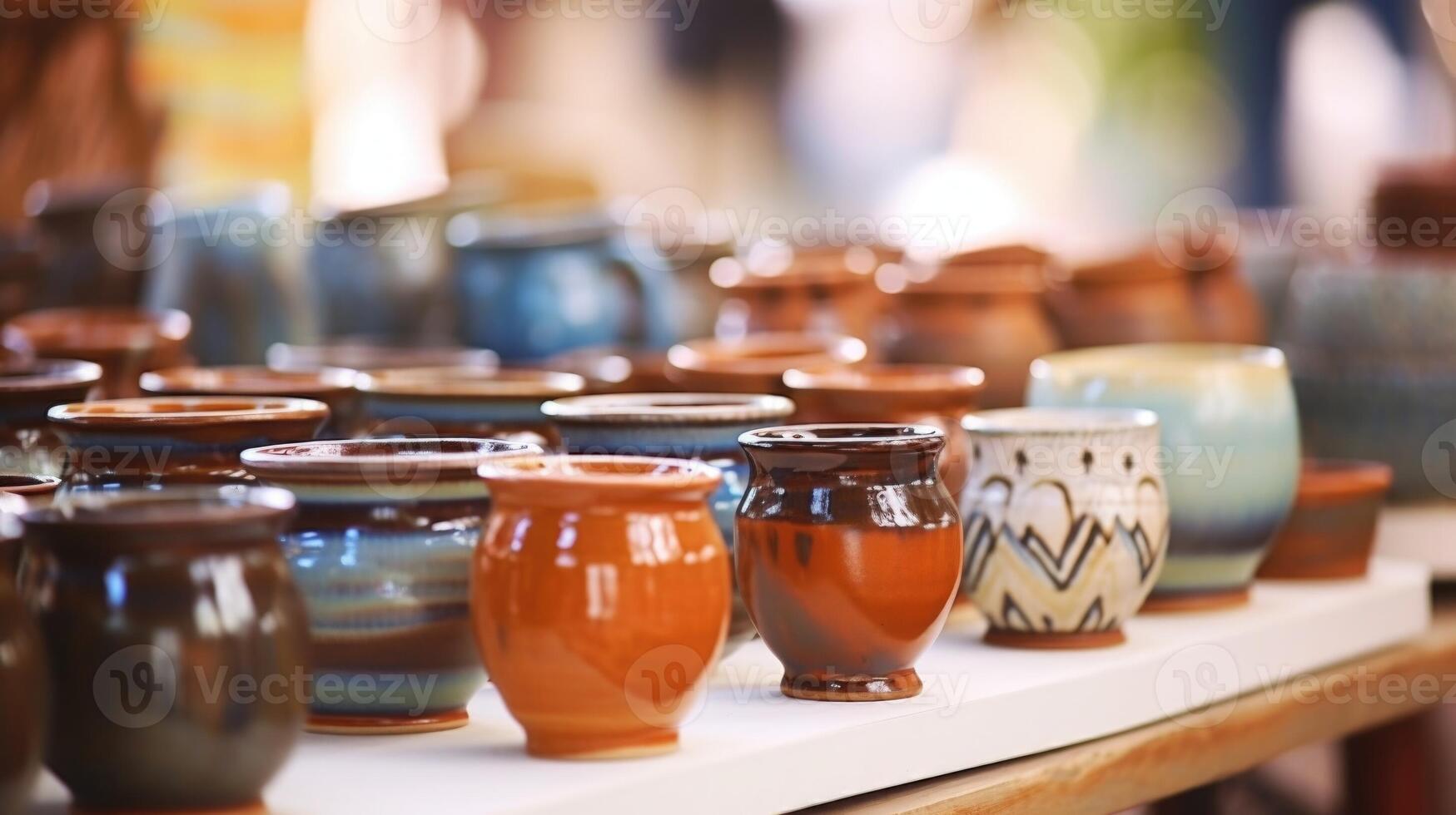 Closeup of handcrafted pottery and ceramics on display at a local artisan market. photo