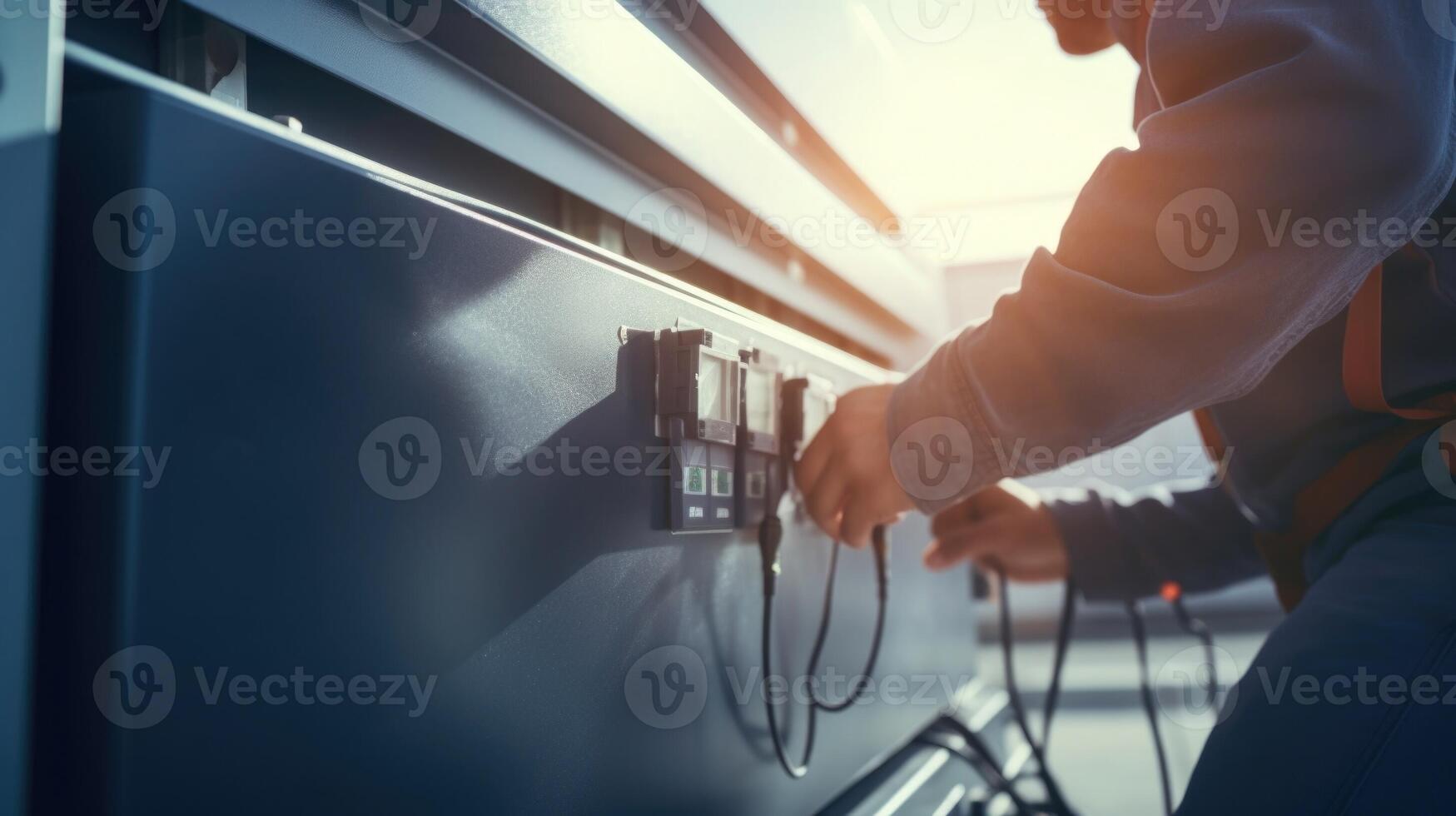 Closeup of a technician connecting solar panels to an inverter. photo
