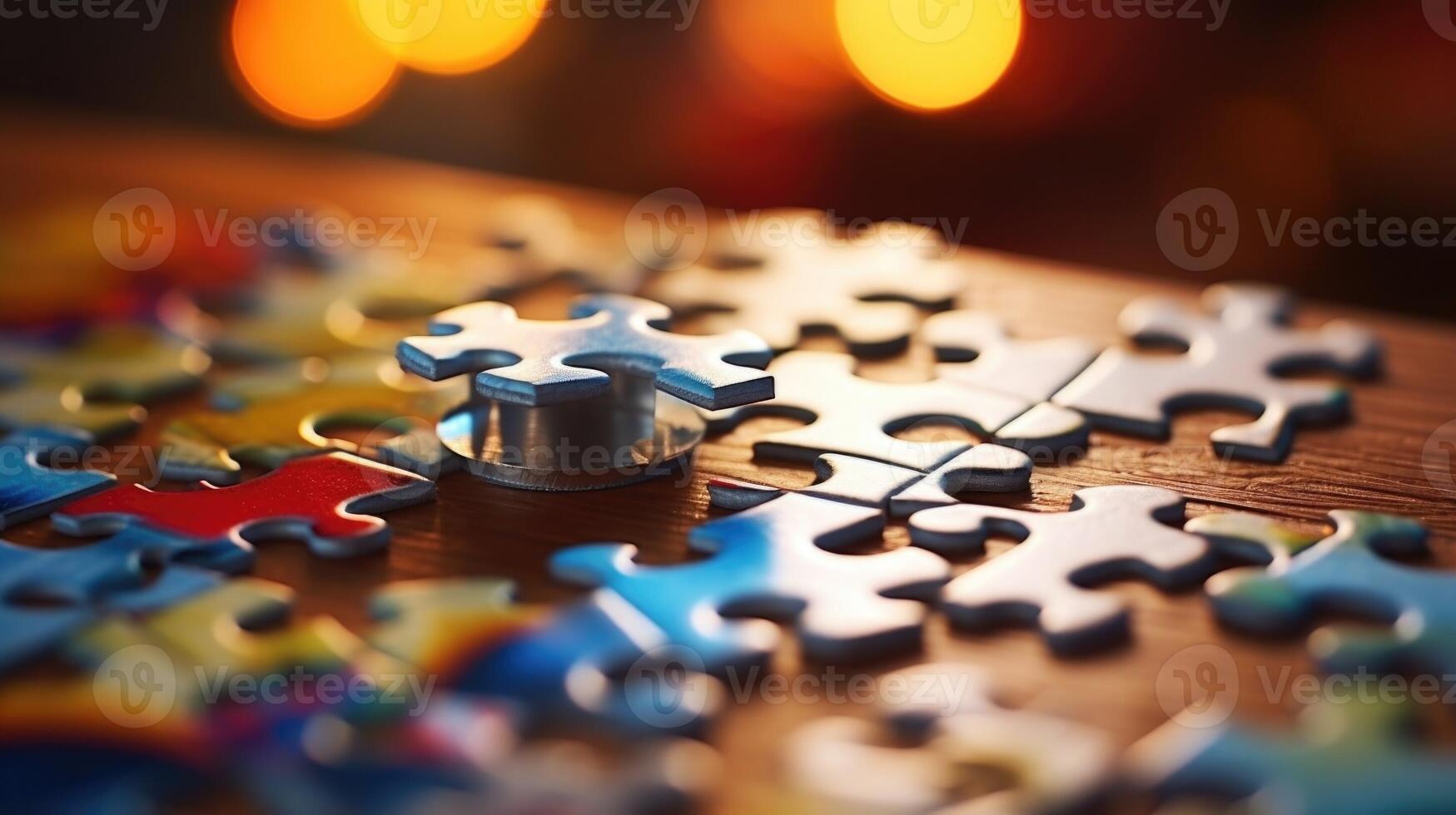 Closeup of a puzzle with missing pieces being filled in. photo