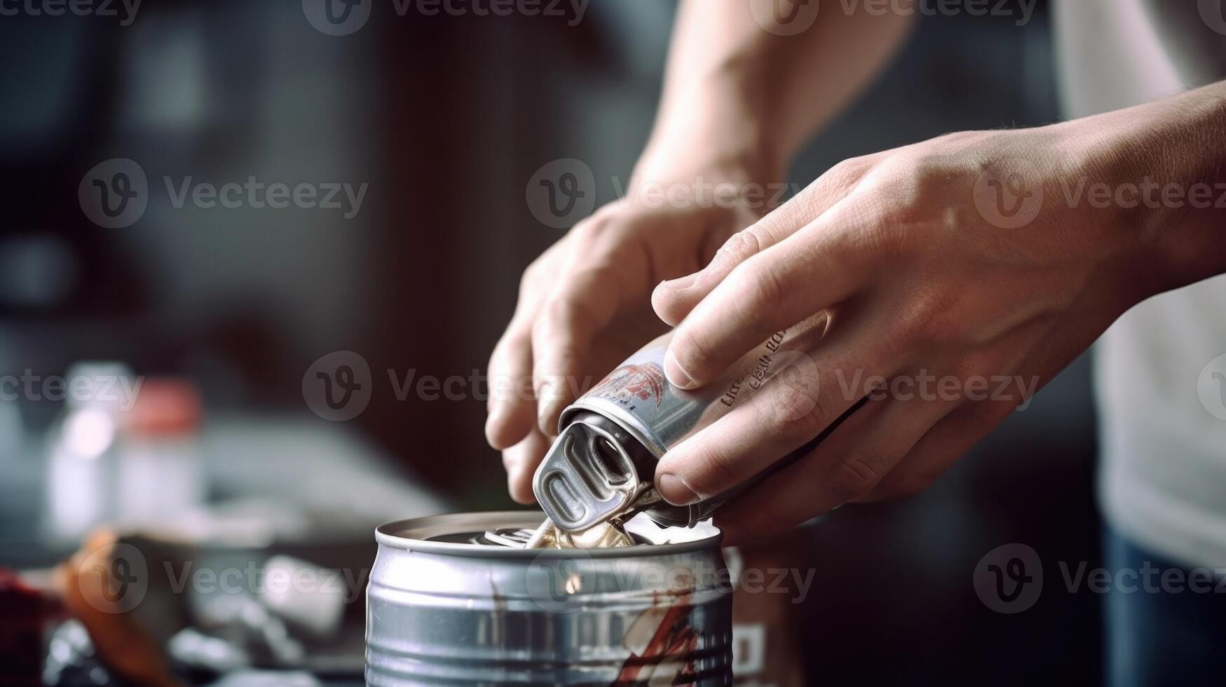 Closeup of a hand squeezing an aluminum can before placing it in a recycling bin. photo