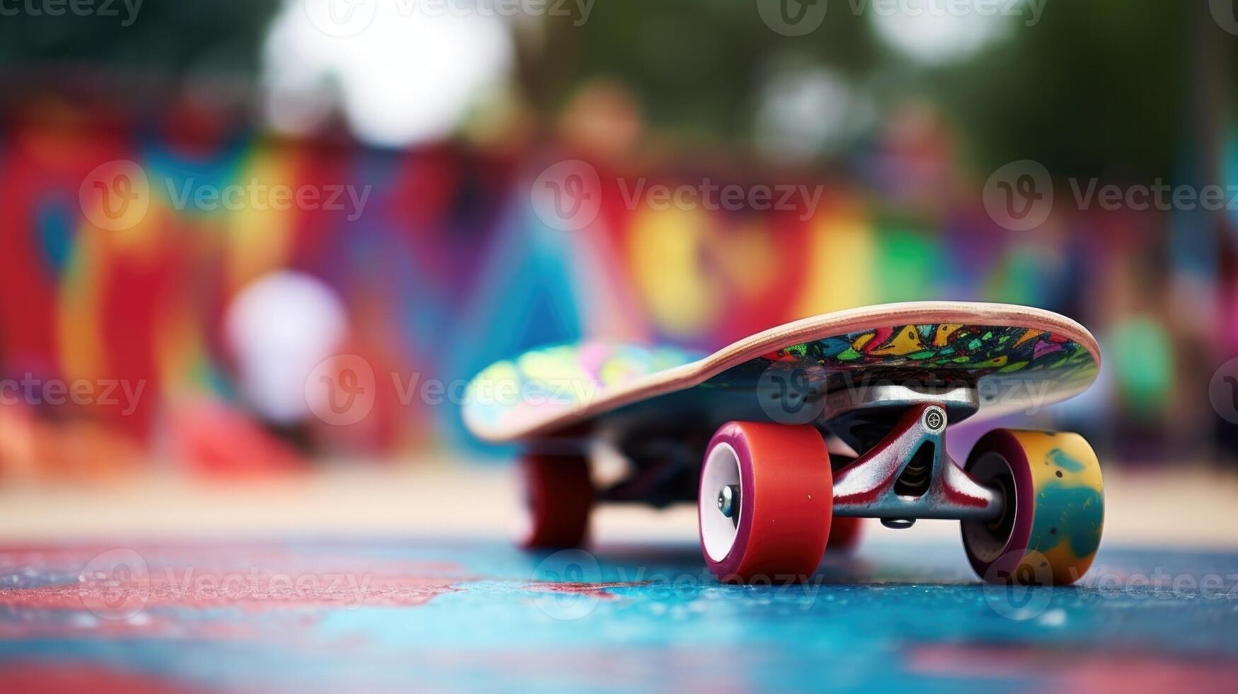 Closeup of a skateboard resting on a colorful painted halfpipe. photo