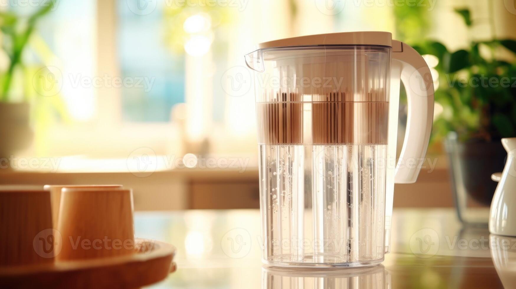 Closeup of a clean water filter pitcher with a stack of used filter cartridges nearby. photo