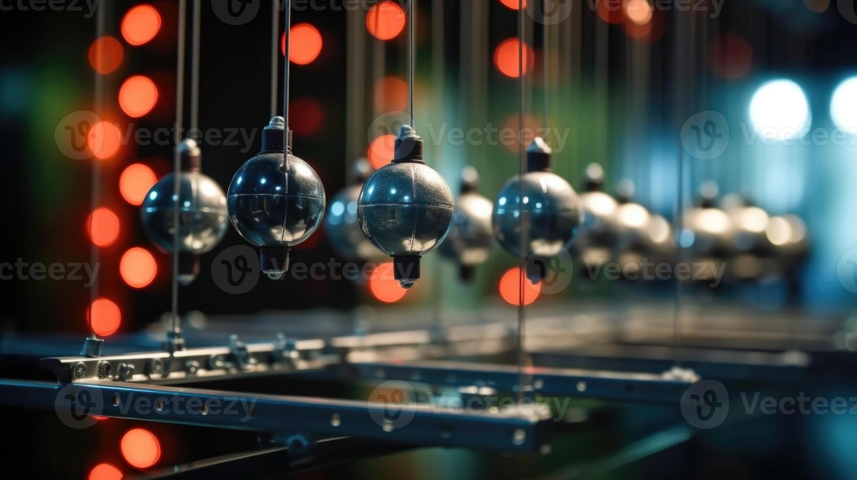 Closeup of a highspeed camera capturing the movement of a Newtons cradle display in slow motion. photo