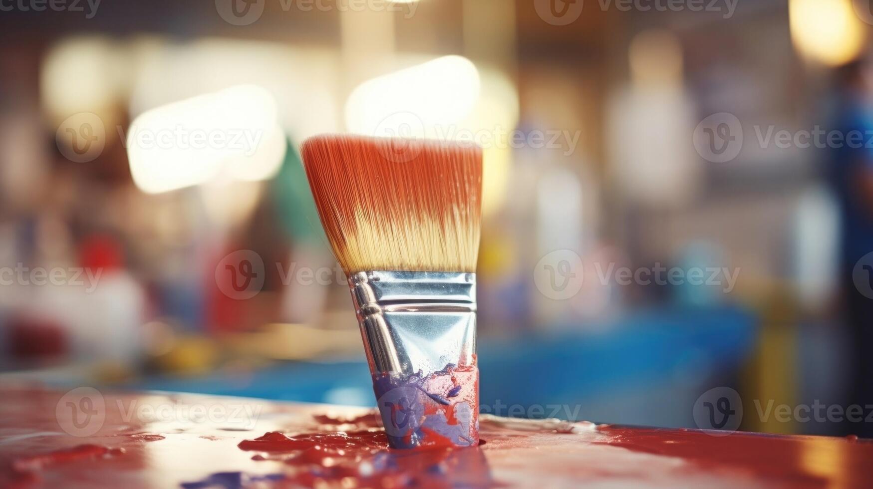 Closeup of a paintbrush applying fresh coats of paint to a local community center. photo