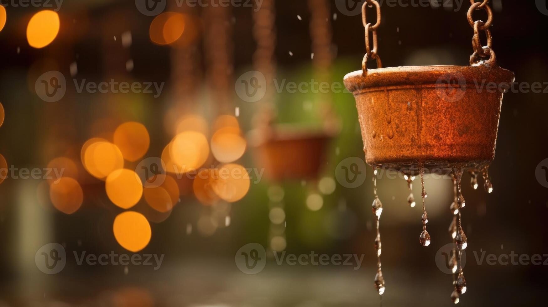 A rusted rain chain hanging from a rooftop, guiding water into a cistern. photo