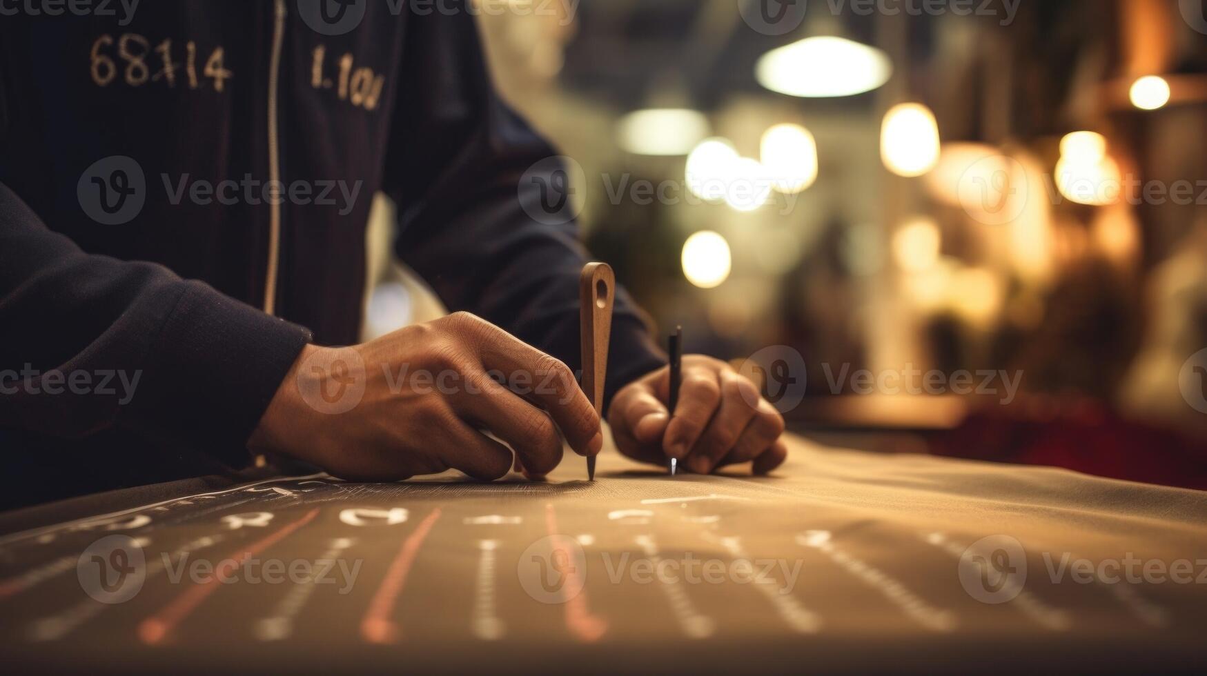 Closeup of a tailors chalk marking precise measurements on a piece of fabric. photo