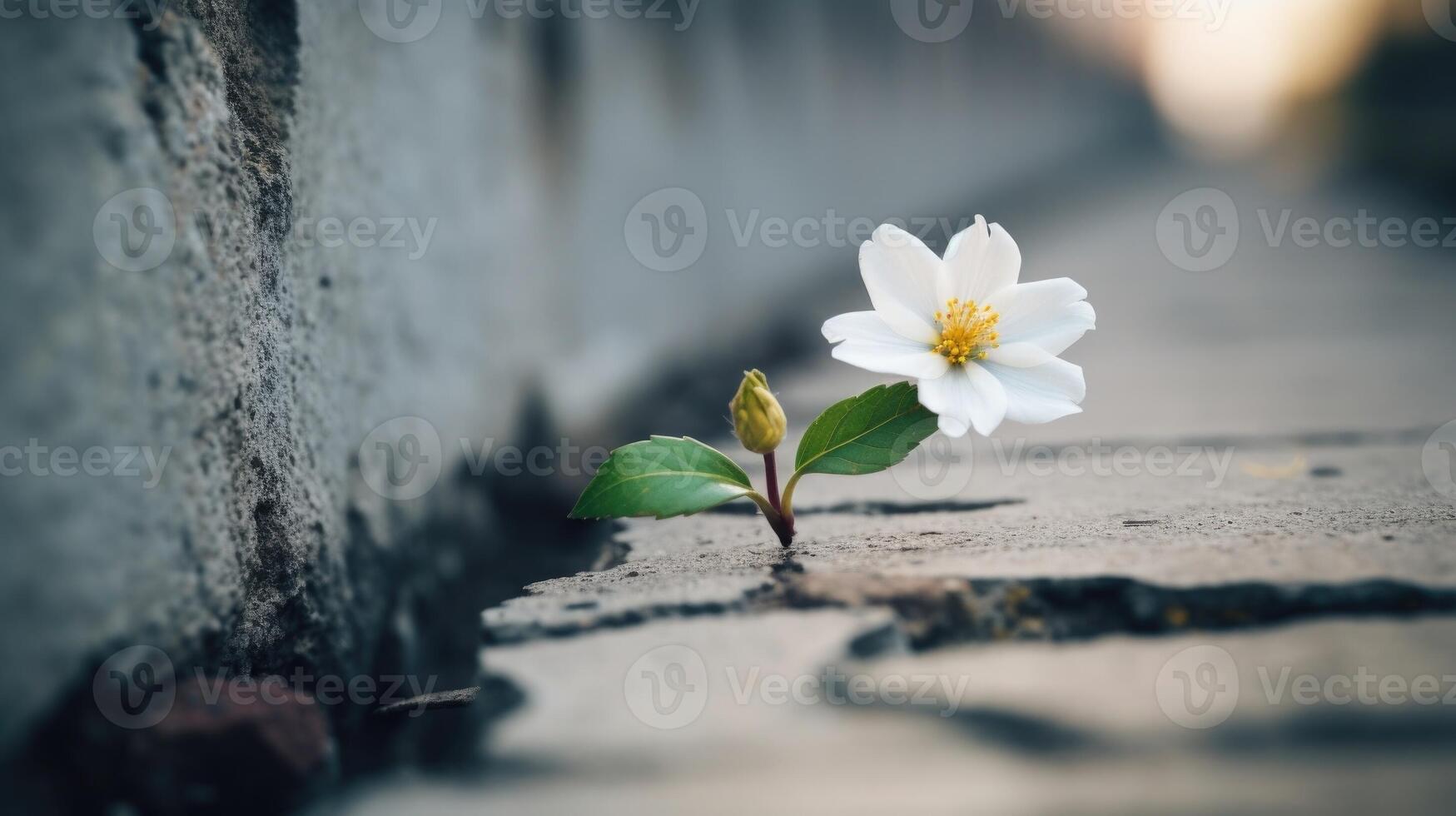 Closeup of a white flower growing through a crack in a concrete barrier, symbolizing the resilience of marginalized communities. photo