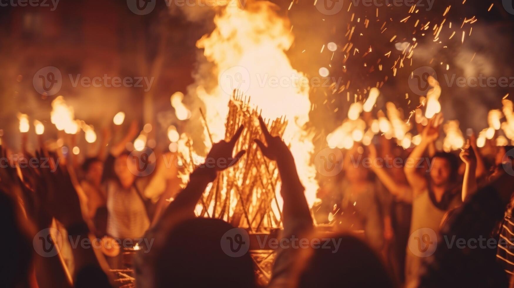 Closeup of a large bonfire surrounded by people dancing and singing in celebration at a cultural festival. photo