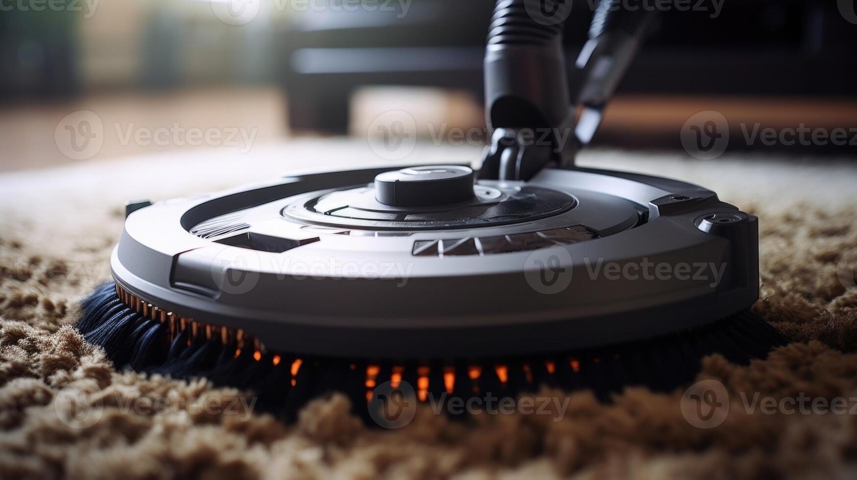 Macro shot of a robot vacuums motor and rotating brushes in action on an area rug. photo