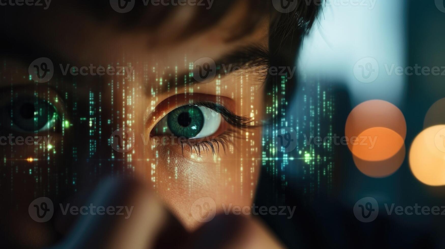 Extreme closeup of a teenagers eye reflected on their smartphone screen as they check their social media accounts, with privacy options visible on the interface. photo