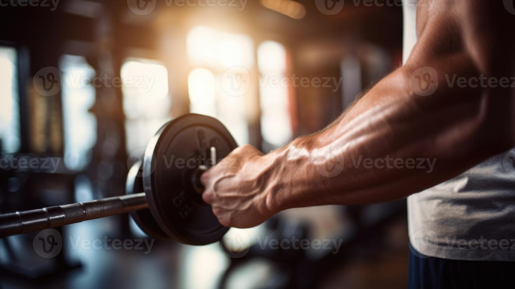 Closeup of a mans muscular arm lifting weights at the gym. photo
