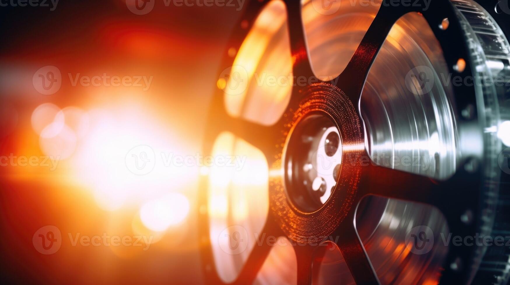 Closeup of a projector lens focusing on a movie reel. photo
