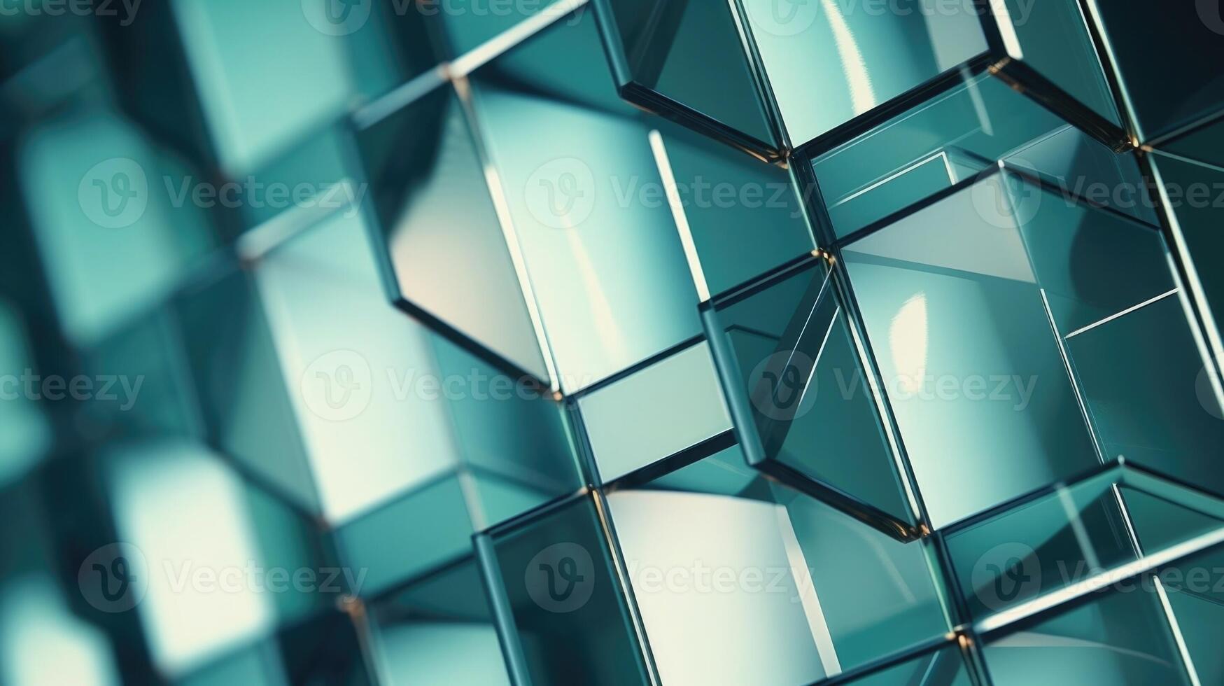 Closeup of a geometric pattern of glass panels on the side of a futuristic highrise. photo