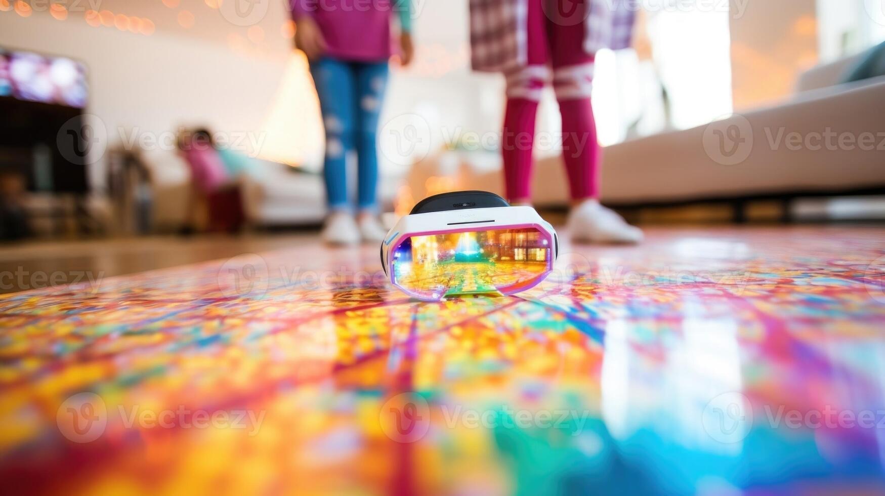 Closeup of a familys living room floor, covered in a colorful virtual reality game mat. photo