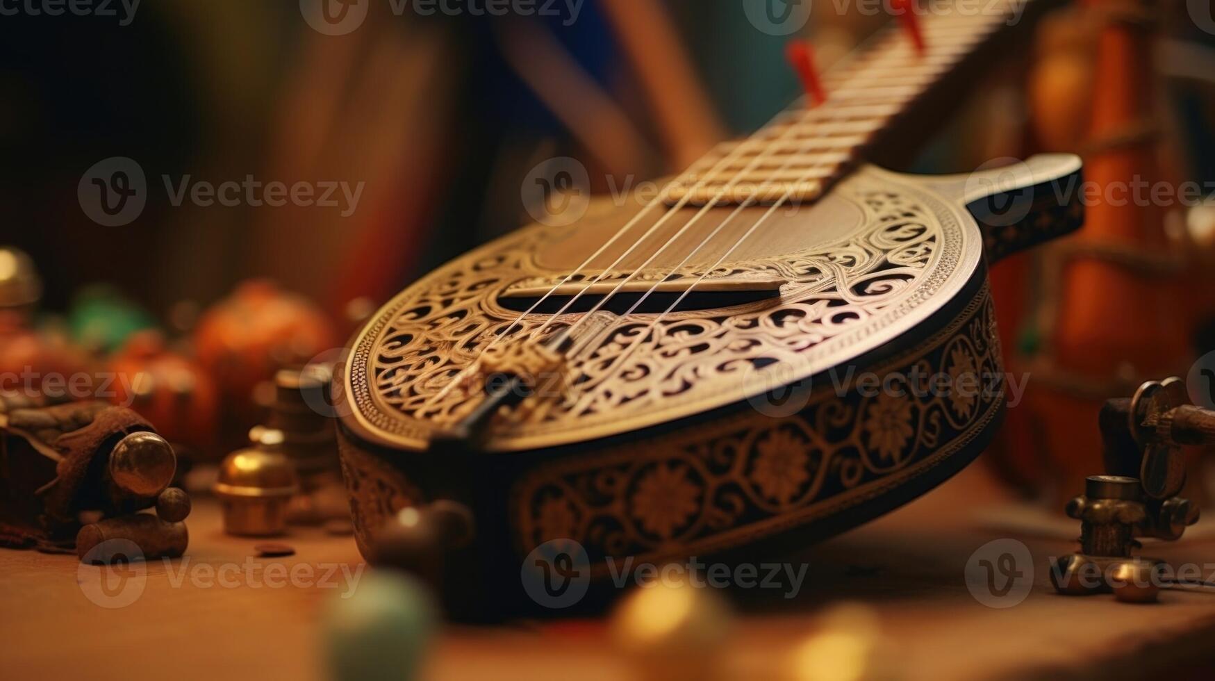 Closeup of a traditional instrument being constructed with intricate details and designs. photo