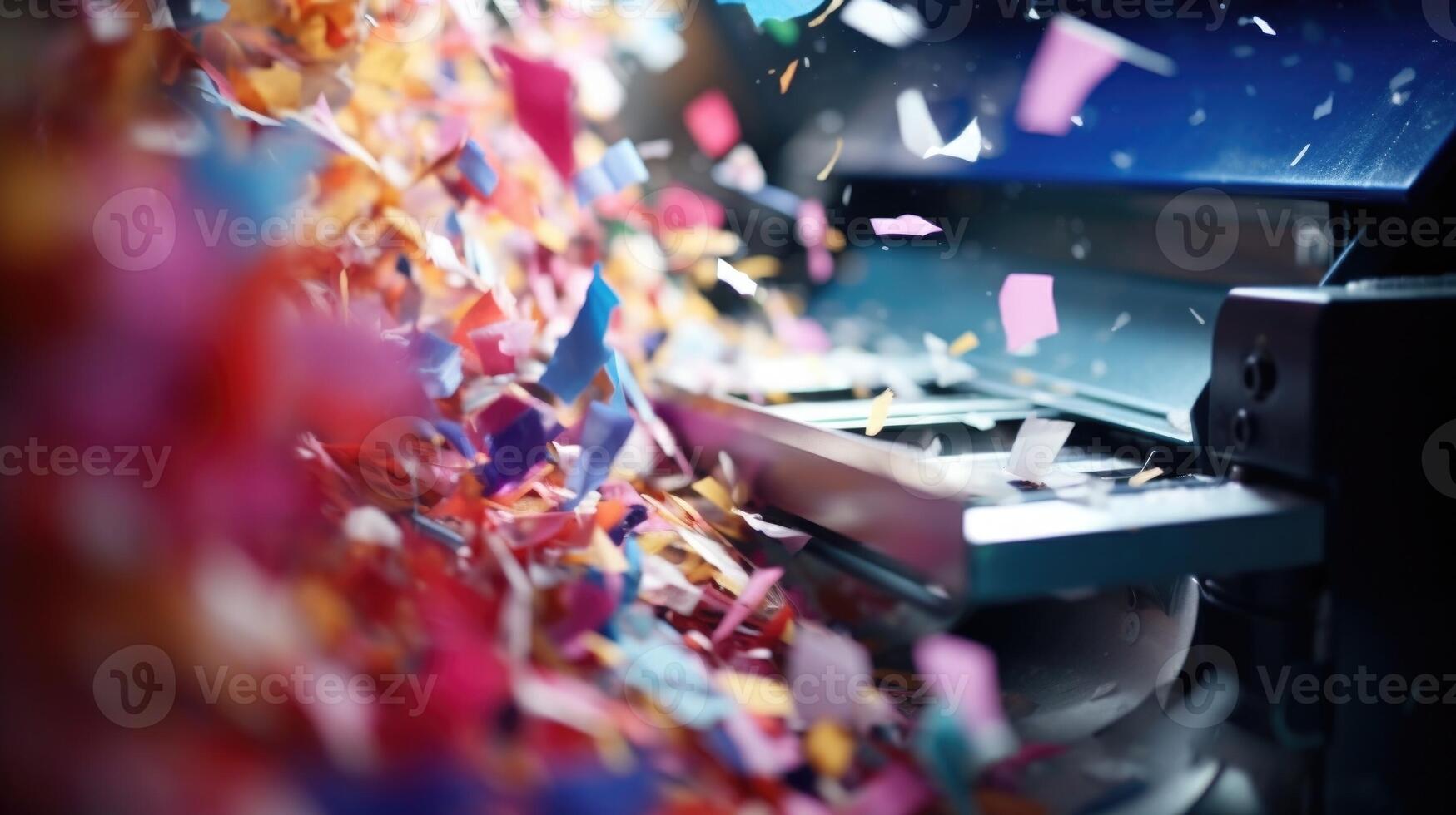 Macro shot of a shredder turning paper waste into confetti for recycling. photo