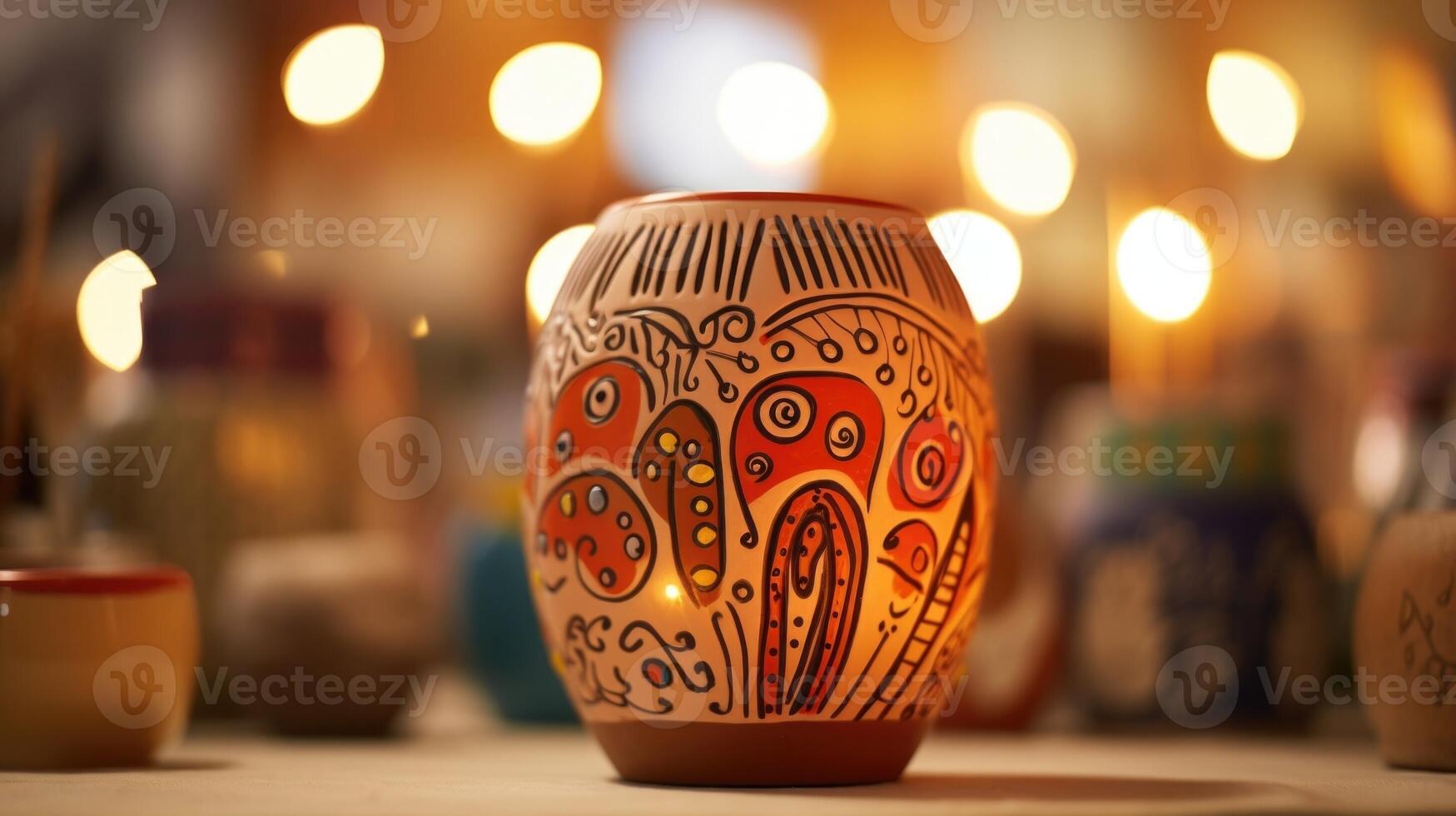 Closeup of a handcrafted ceramic vase adorned with symbols of hope and understanding. photo