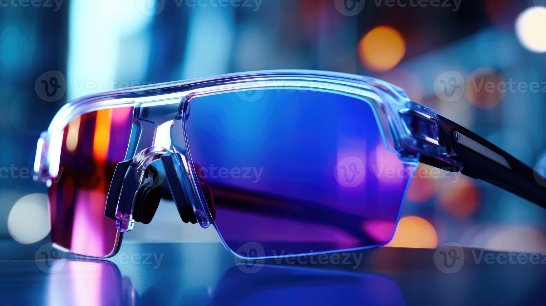 Closeup of a pair of futuristic sunglasses with reflective lenses. photo