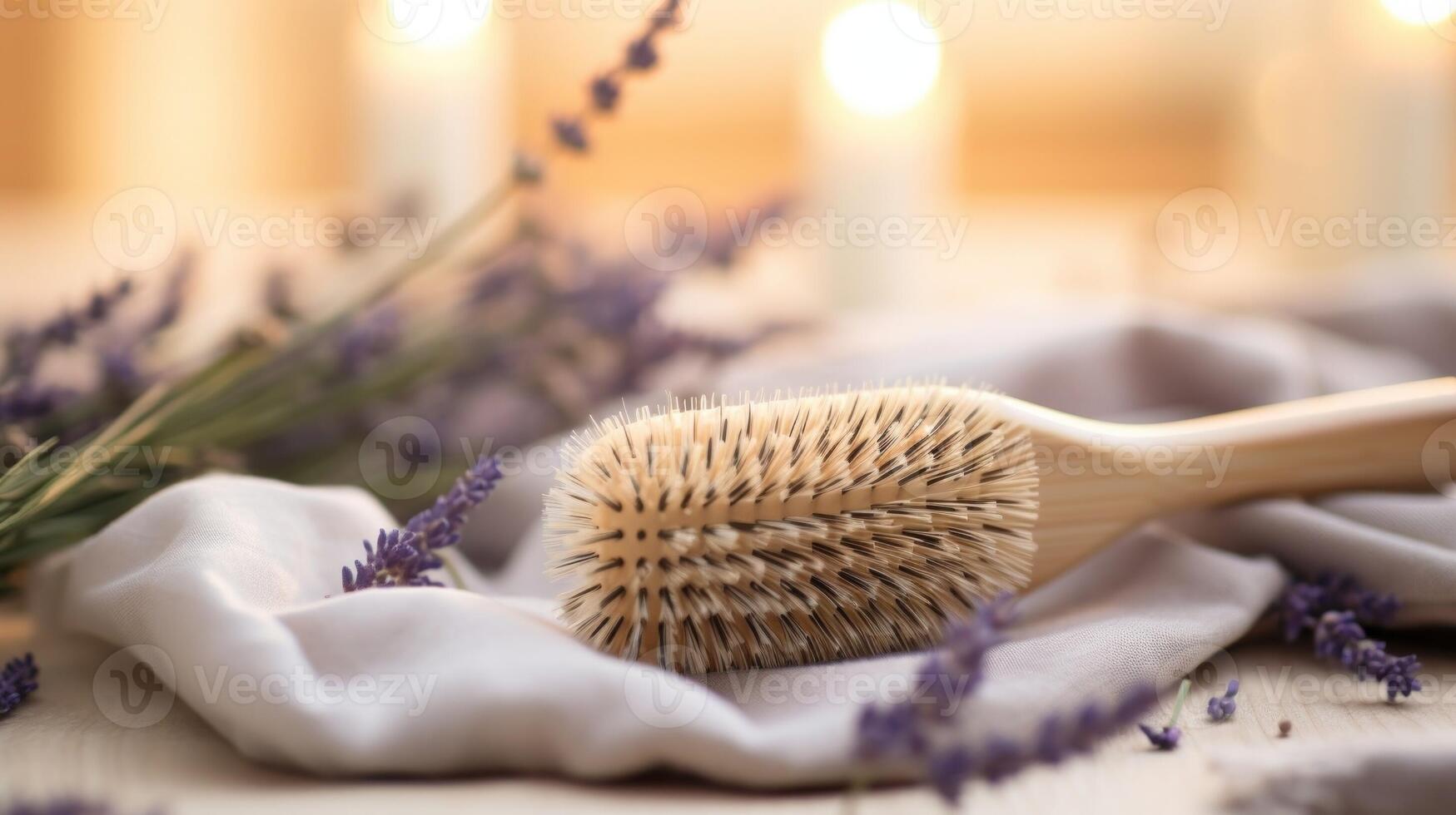 Closeup of a wooden hair brush with natural bamboo bristles, resting on a bed of dried lavender buds. photo