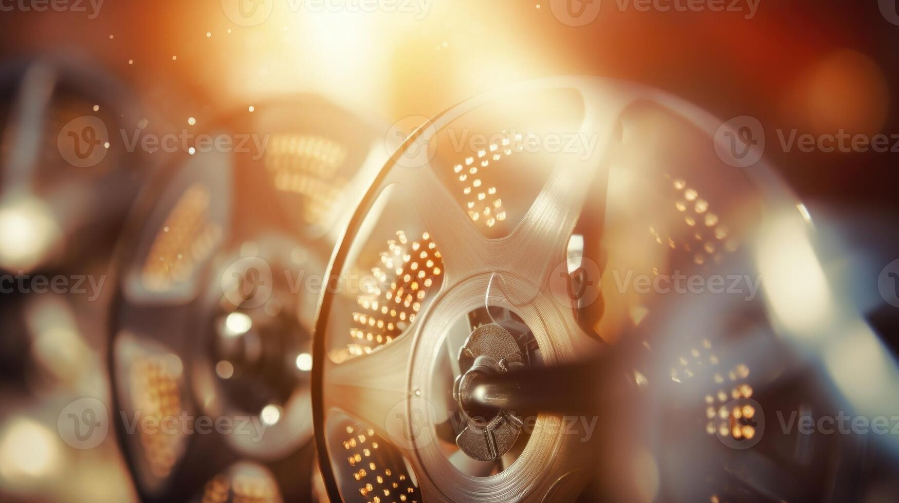Closeup of a fan adorned with small film reels, symbolizing the movie industry. photo