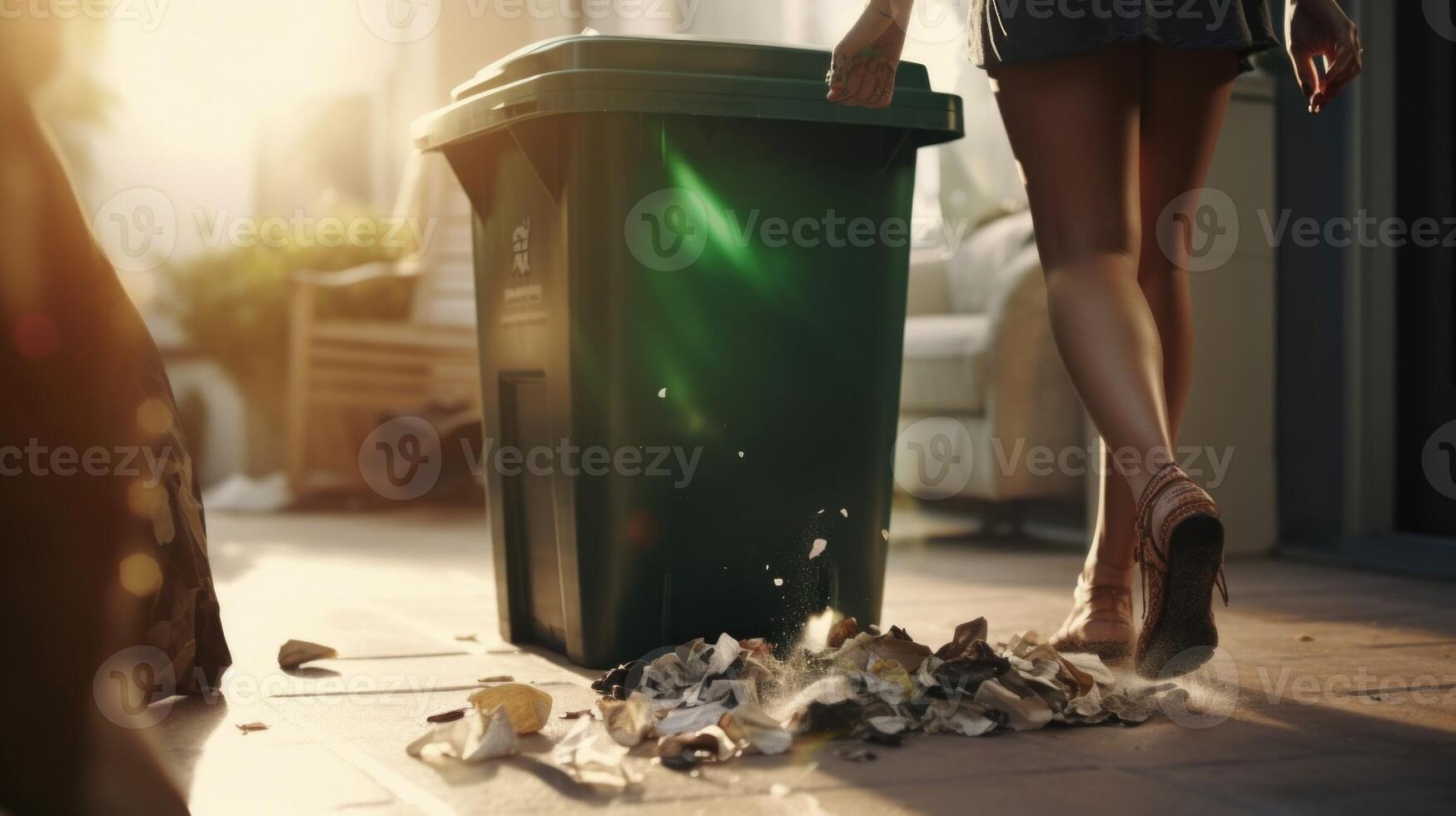 Closeup of a persons foot stomping on a recycling bin to compress the contents inside. photo