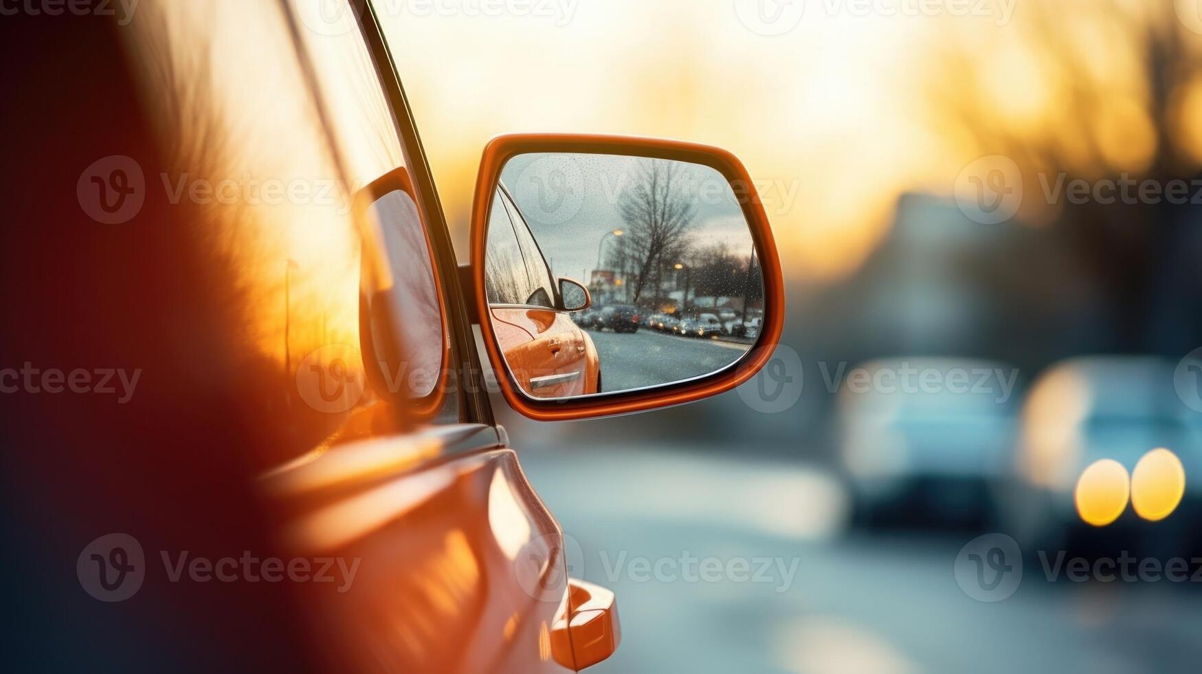 Closeup of a cars rearview mirror with a Objects are closer than they appear warning. photo