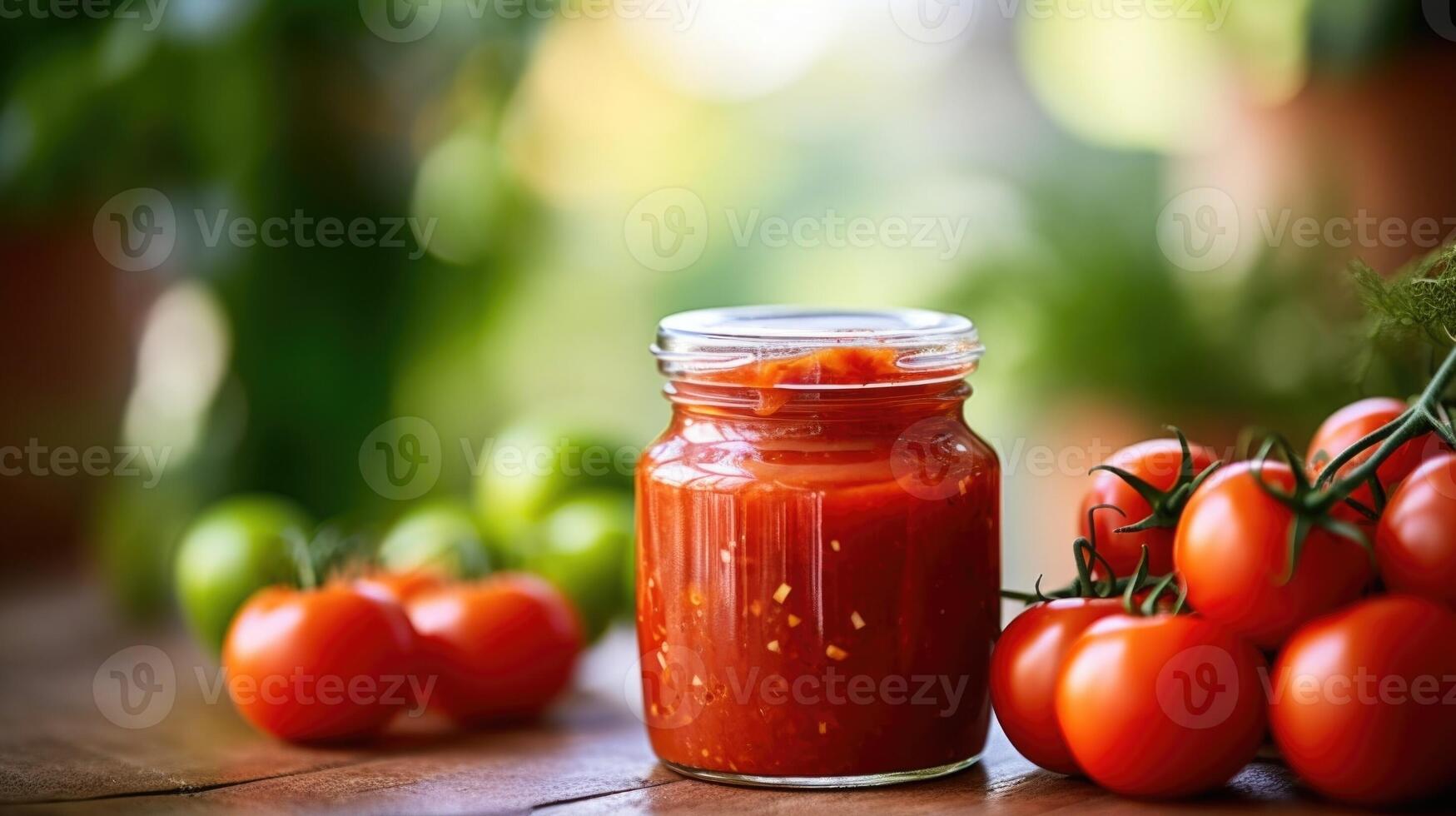 Closeup of a glass jar filled with freshly made tomato sauce, made from organic tomatoes picked from the familys garden. photo