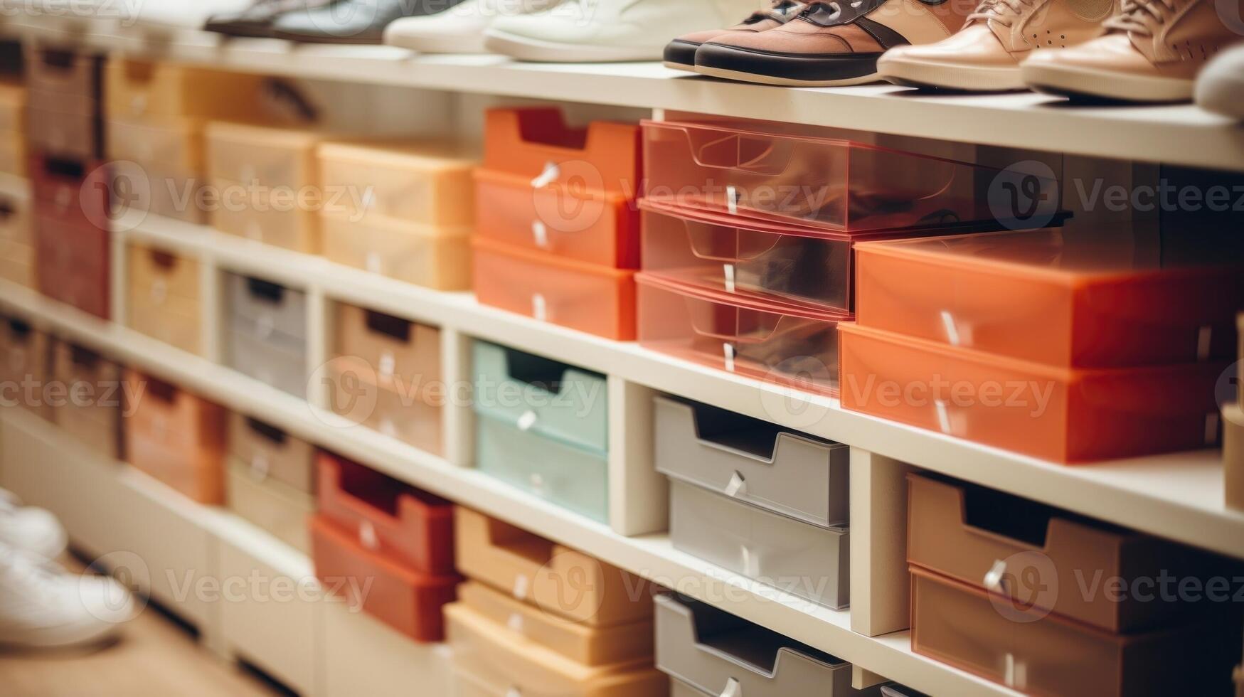 Closeup of a stack of designer shoe boxes neatly organized on a shelf. photo