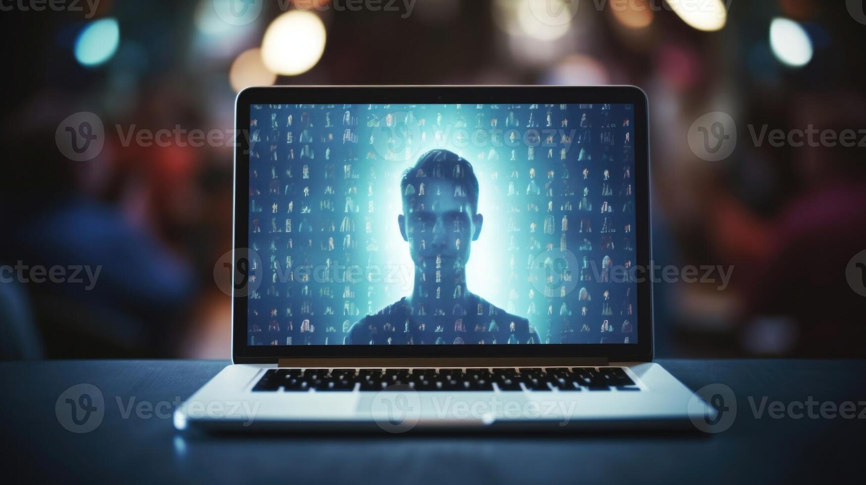 Closeup of a laptop screen with a blurred image of a victims face, conveying the anonymity of cyberbullying. photo