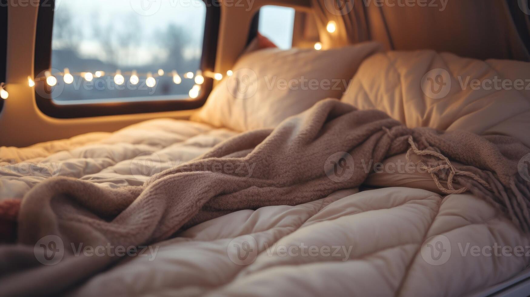 Closeup of a cozy and compact bed set up in the back of a van, surrounded by soft blankets and pillows. photo
