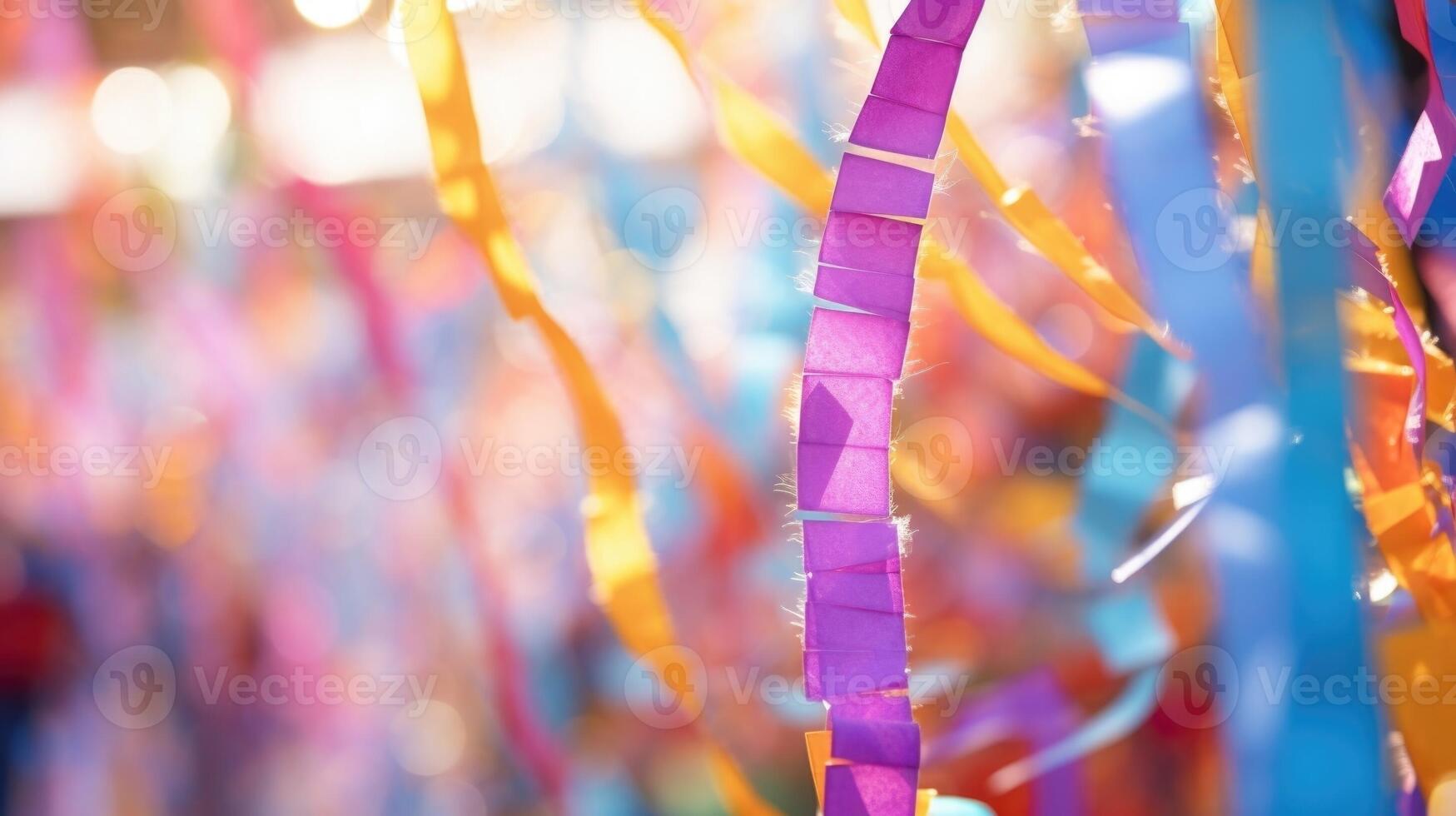Macro shot of colorful streamers dancing in the breeze, adding to the festivals lively atmosphere. photo
