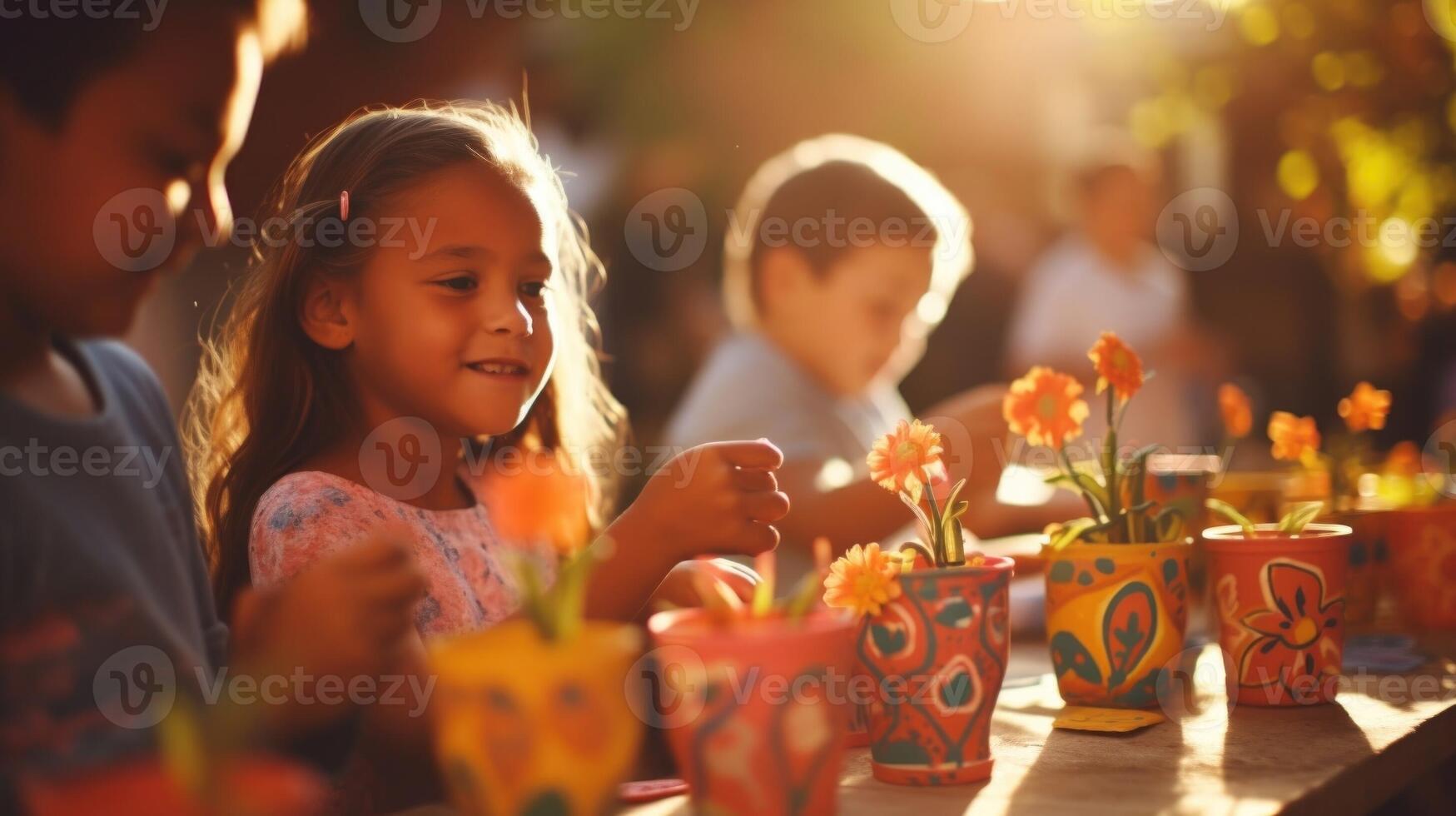 Closeup of a group of children gleefully painting and decorating clay pots at a cultural festival. photo