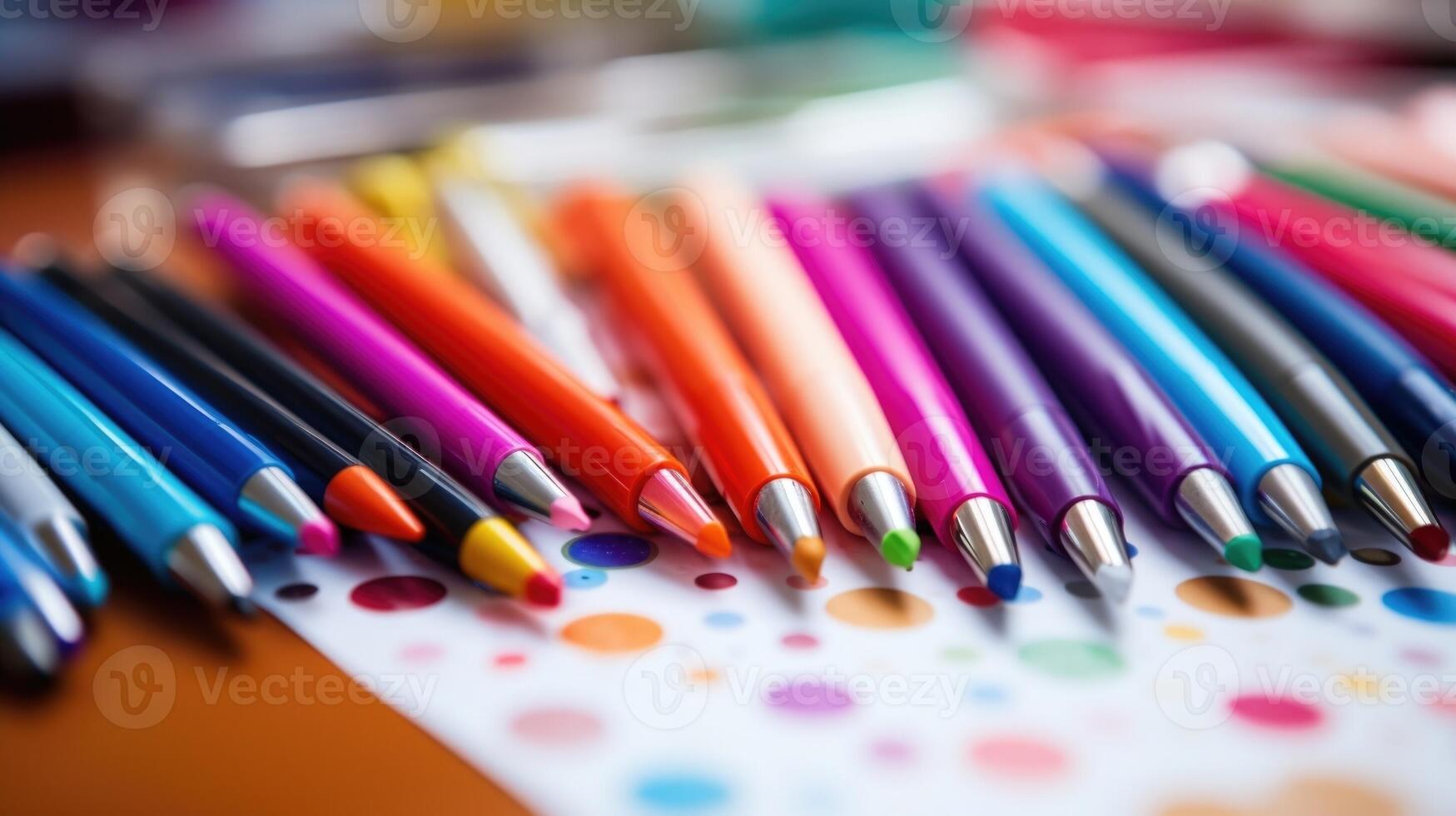 Closeup of a set of colored pens and markers next to a tablet, used by a teen for organizing and colorcoding their notes. photo