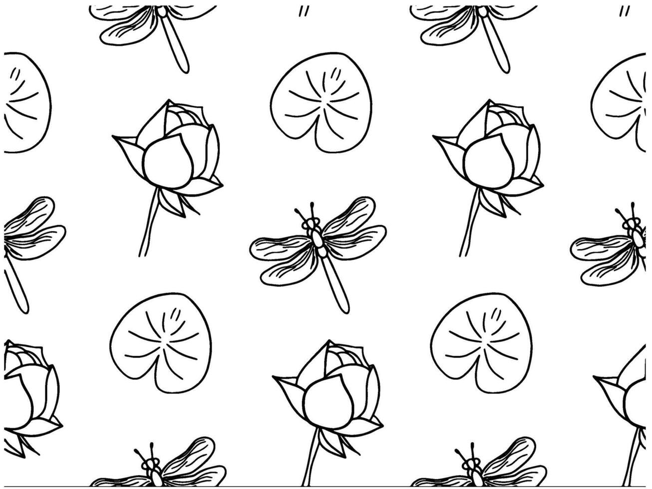 seamless pattern with hand drawn blooming lotus flowers and leaves, dragonfly. Traditional oriental print. Best for textile. vector