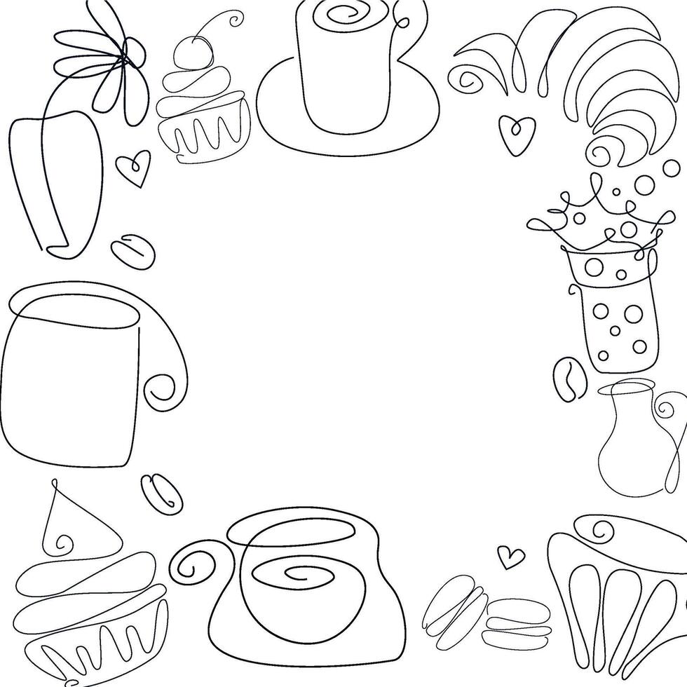 tropical template of natural coffee branch with leaf, flower, bean. Fresh food card. Floral silhouette, hand draw art line illustration on white background. Creative texture in frame, border vector
