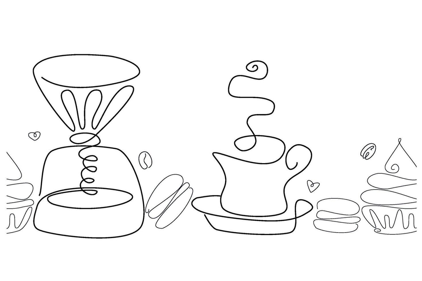 Coffee cup, kettle and aroma beans. Abstract line border on white background. Graphic design for coffee shop and cafe vector