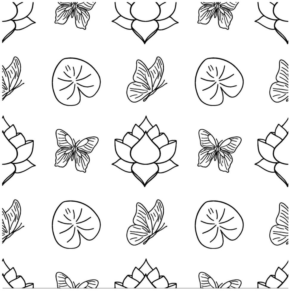 Seamless pattern garden with lotus flowers and butterflies in engraving style vector