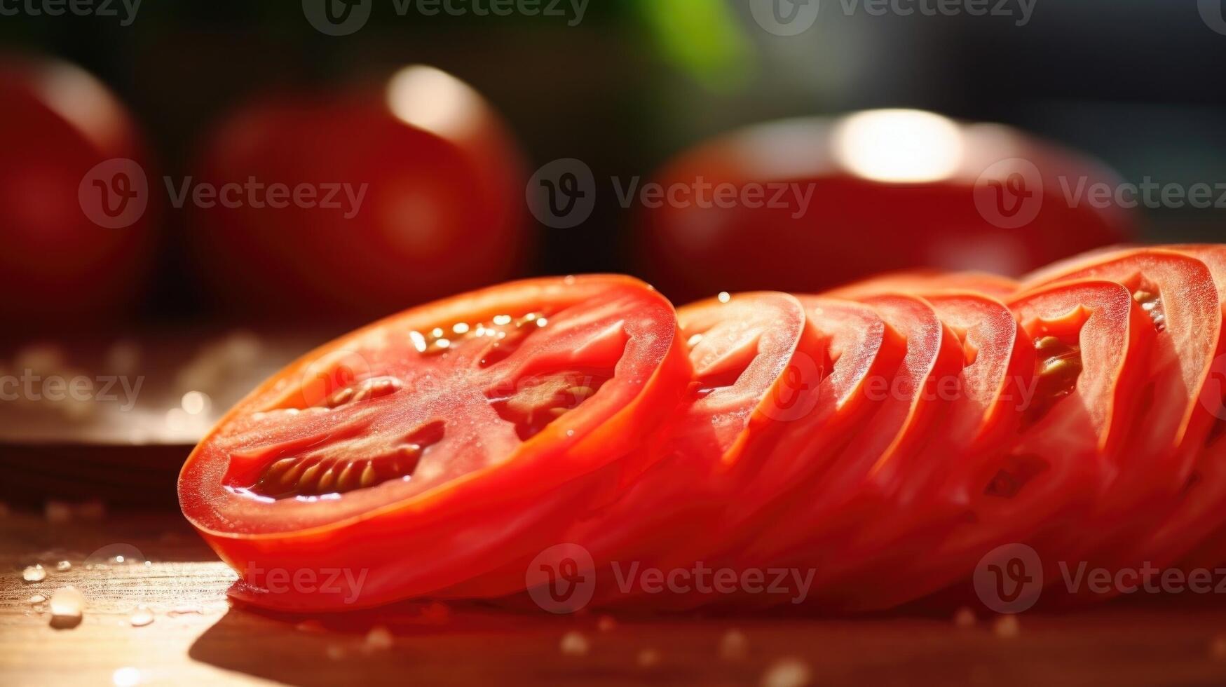 Macro shot of a juicy red tomato being sliced into thin rounds on a wooden ting board. photo