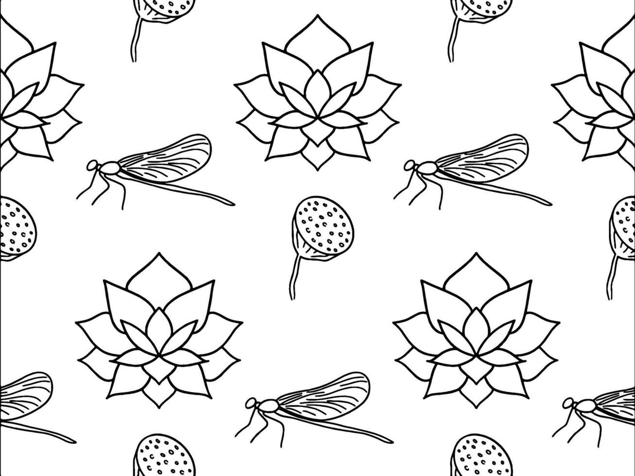 seamless pattern with hand drawn blooming lotus flowers and leaves, dragonfly. Traditional oriental print. Best for textile. vector