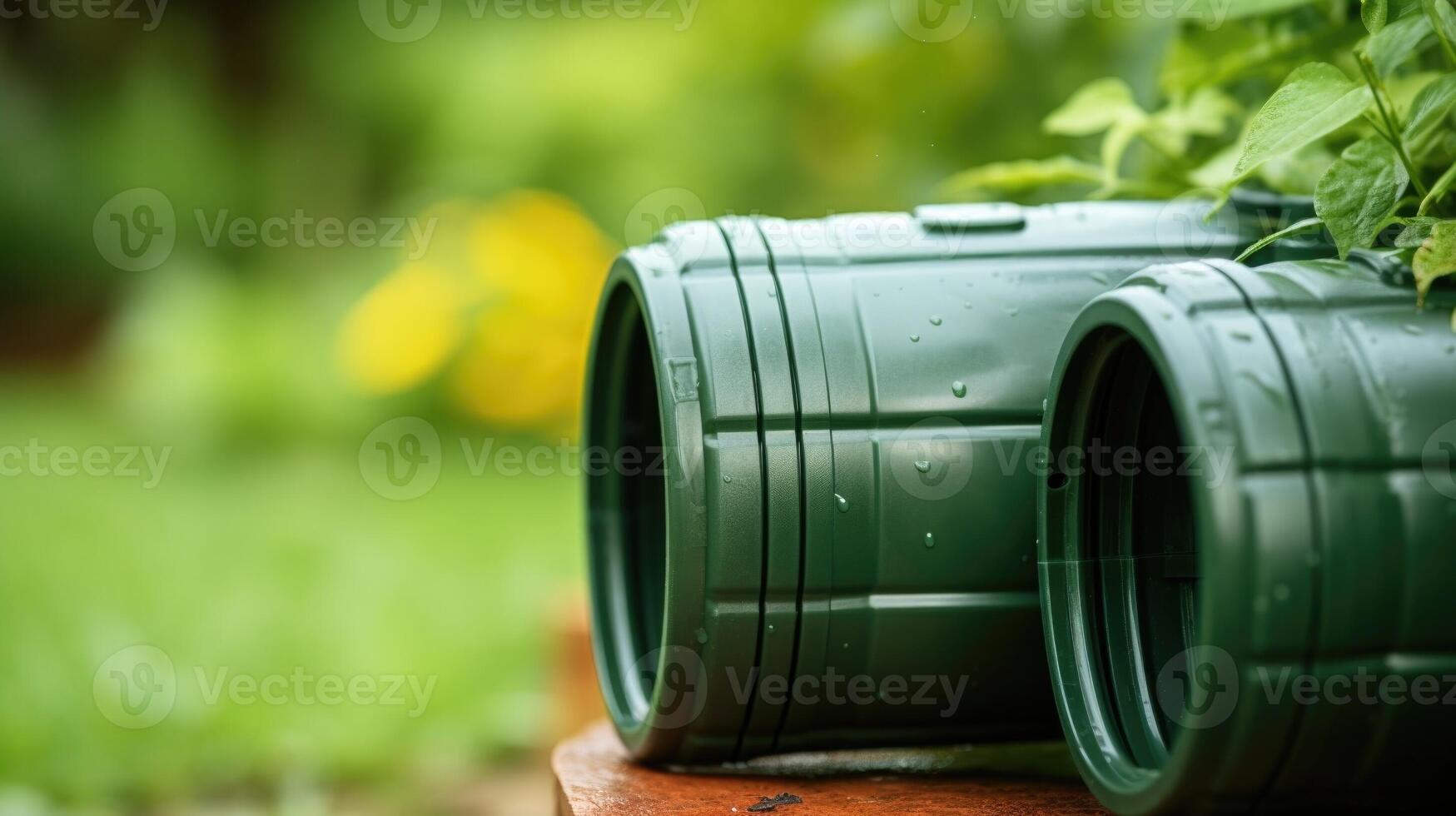 Closeup of a plastic pipe connecting two rain barrels, allowing for efficient distribution and storage of collected rainwater. photo