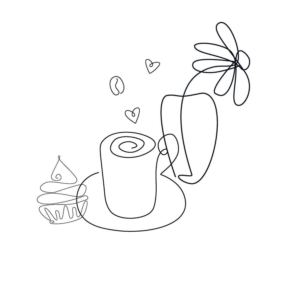 Doodles coffee cup with cakes, ice cream and sweets. Cartoon pattern with food for coloring book or design print. Possibility to easily change colors. illustration. vector