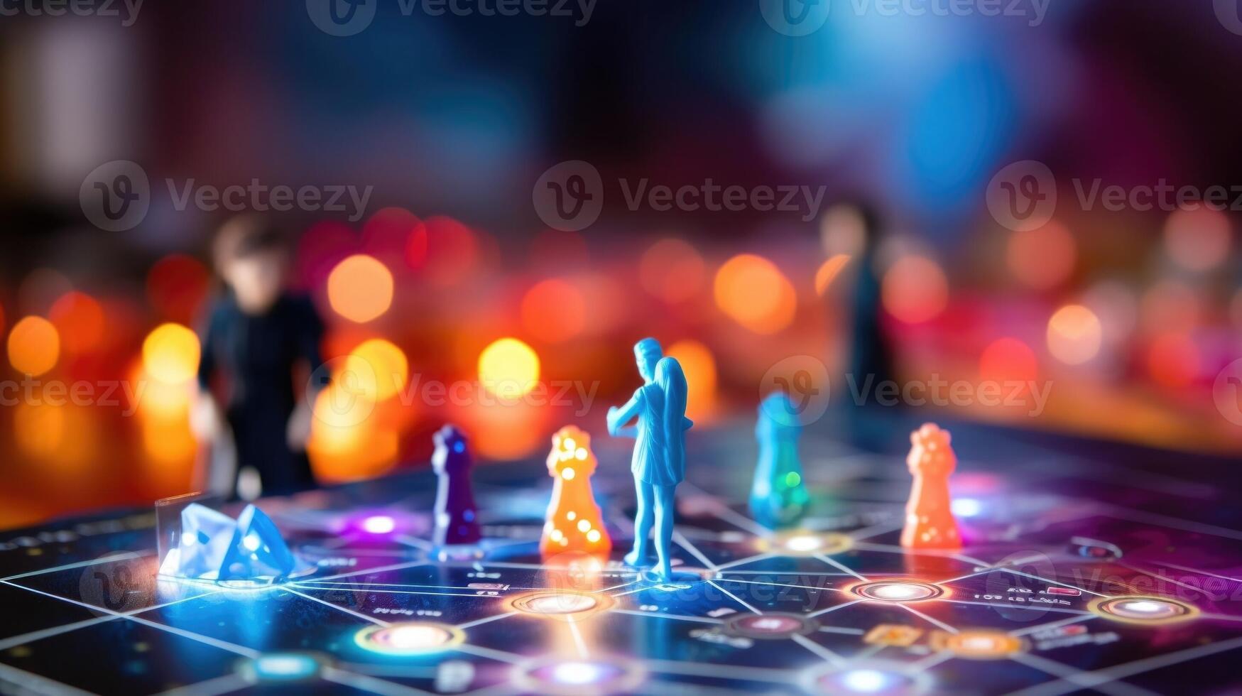 Closeup of a board game with AI characters that guide players through a virtual world, while teaching strategic thinking skills. photo