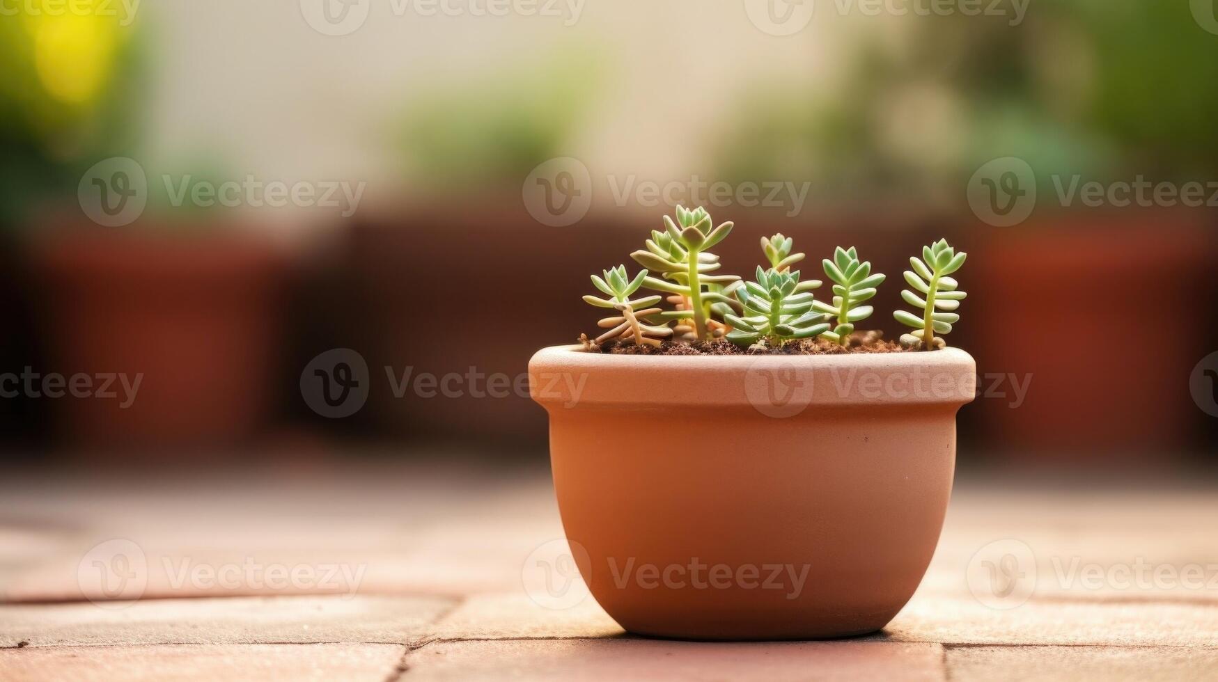 Closeup of a solitary bird perched on a terracotta planter, finding respite in the midst of an urban oasis. photo
